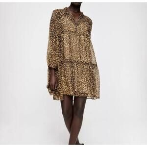 Zara Leopard Print Brown Shift Tiered Long Sleeve Mini Dress Small